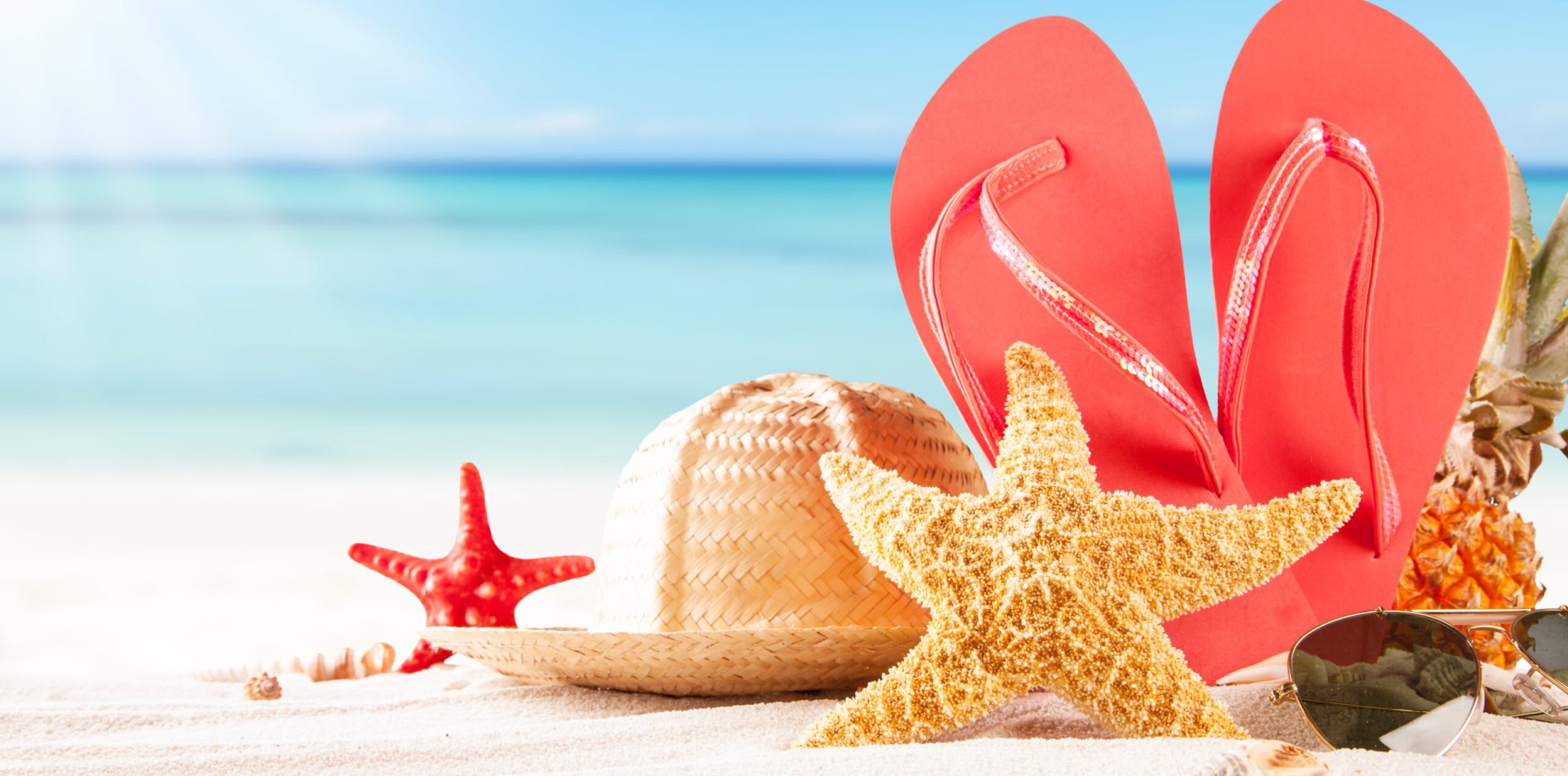Summer,Concept,Of,Sandy,Beach,,Straw,Hat,,Shells,And,Starfish.